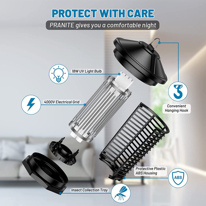 Elektrischer Insektenvernichter, PRANITE Mückenlampe für Innen, 4000V/20W Elektrisch Insektenfalle UV Lampe 100㎡ Effektive Fliegenfalle