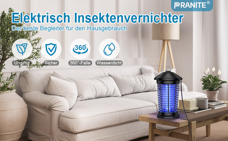 Elektrischer Insektenvernichter, PRANITE Mückenlampe für Innen, 4000V/20W Elektrisch Insektenfalle UV Lampe 100㎡ Effektive Fliegenfalle