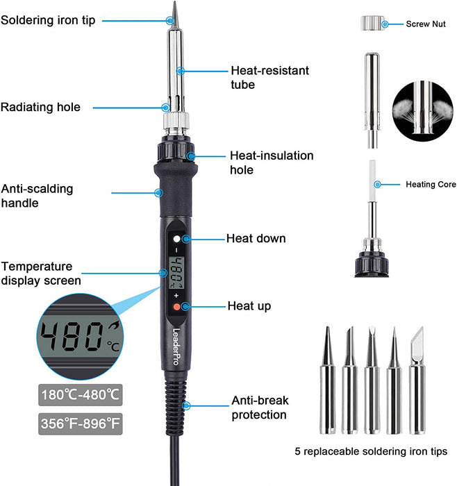 Elektrischer Lötkolbe Set - 80W Lötkolben Lötset, am Lötkolben, Einstellbare Temperatur 180℃-480℃ mit Lötkolben Stift,Lötspitzen, Holzofen Tipps