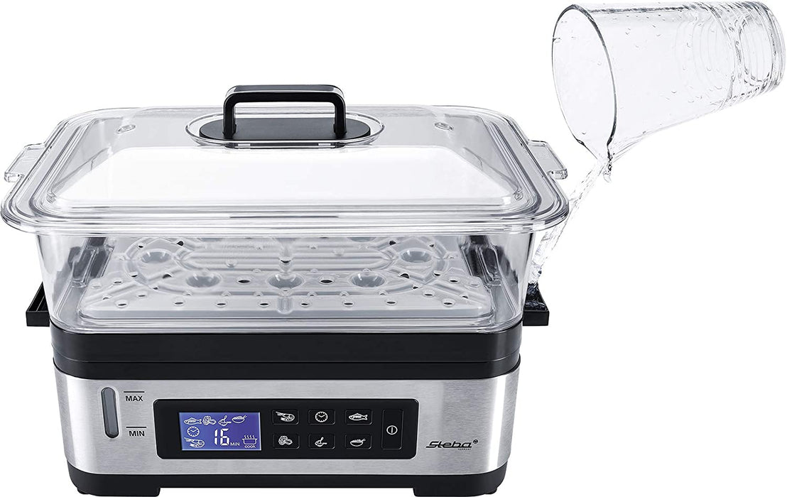 Elektronischer Dampfgarer, variabler Garraum (3 - 6 Liter), BPA-frei, inkl. Reiseinsatz, LCD-Display mit 5 Automatikprogrammen, 30 Min Timer