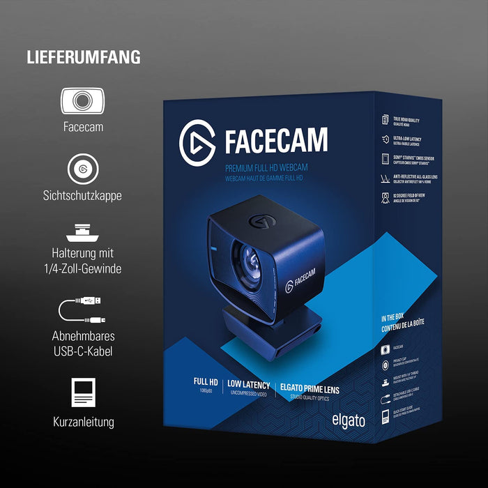 Facecam - Full-HD-Webcam (1080p60) für Streaming, Gaming, Videokonferenzen, Sony-Sensor, fortgeschrittene Lichtkorrektur, Bedienung wie bei einer DSLR