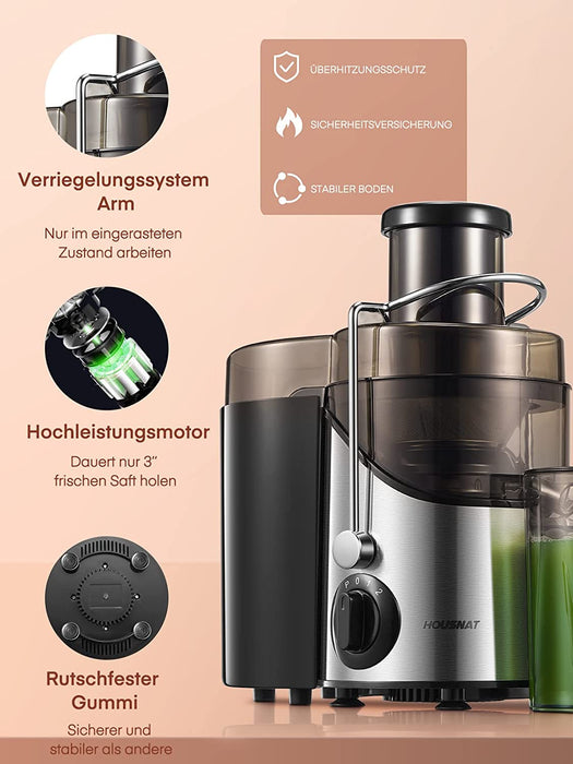  Entsafter Gemüse und Obst, Zentrifugal Entsafter Geräuscharme Saftmaschine für Vitaminreiche Obst- und Gemüsesäfte, 3 Geschwindigkeitsstufen