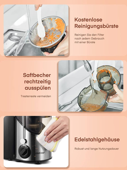  Entsafter Gemüse und Obst, Zentrifugal Entsafter Geräuscharme Saftmaschine für Vitaminreiche Obst- und Gemüsesäfte, 3 Geschwindigkeitsstufen