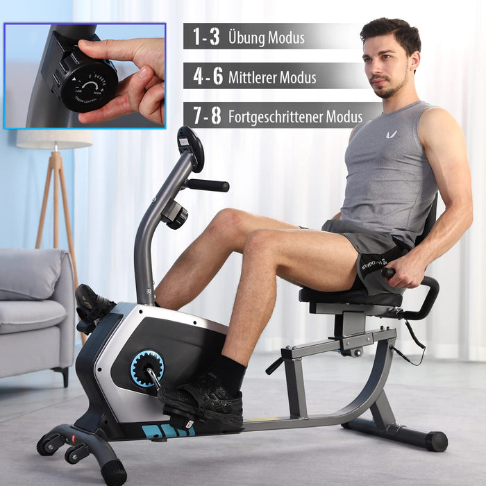 Ergometer Liege- Heimtrainer mit Magnetbremse, Pulssensoren und LCD-Display, 8 Widerstandsstufen, Sitzergometer mit Rückenlehne für Zuhause
