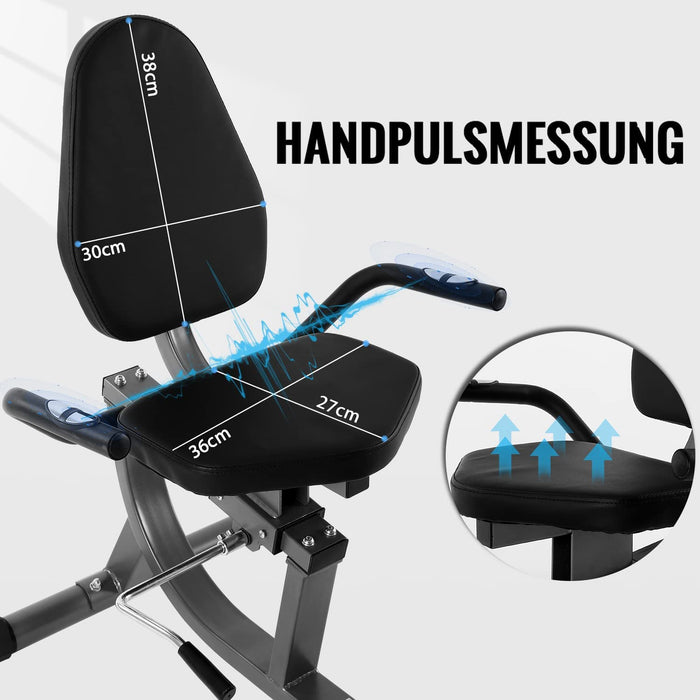 Ergometer Liege- Heimtrainer mit Magnetbremse, Pulssensoren und LCD-Display, 8 Widerstandsstufen, Sitzergometer mit Rückenlehne für Zuhause