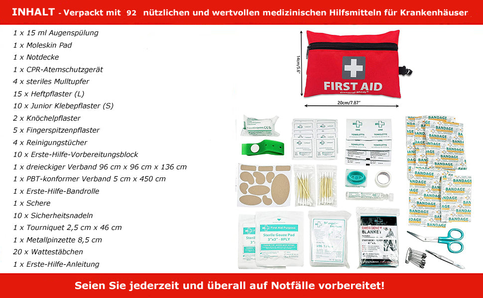 Erste Hilfe Set - 92-teiliges Premium Erste-Hilfe-Set für Haus, Auto, Reise, Büro, Sport, Wandern, Camping, Rettung (Rot)