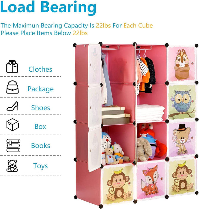Erweiterbares Kinderregal Kinder Kleiderschrank Stufenregal Bücherregal mit Türen & 2 Aufhängern, Tiefere Fächer als Normal (45 cm vs. 35 cm) 