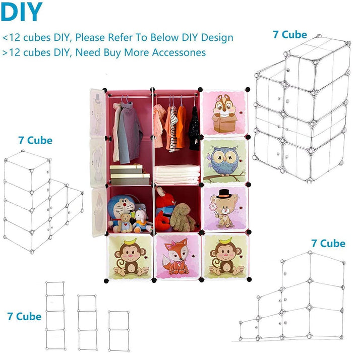 Erweiterbares Kinderregal Kinder Kleiderschrank Stufenregal Bücherregal mit Türen & 2 Aufhängern, Tiefere Fächer als Normal (45 cm vs. 35 cm) 