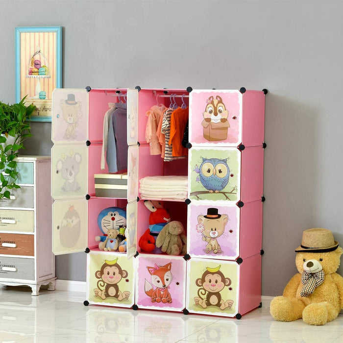 Erweiterbares Kinderregal Kinder Kleiderschrank Stufenregal Bücherregal mit Türen & 2 Aufhängern, Tiefere Fächer als Normal (45 cm vs. 35 cm) 