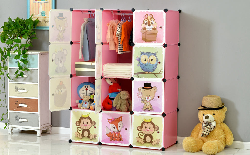 Erweiterbares Kinderregal Kinder Kleiderschrank Stufenregal Bücherregal mit Türen & 2 Aufhängern, Tiefere Fächer als Normal (45 cm vs. 35 cm) 