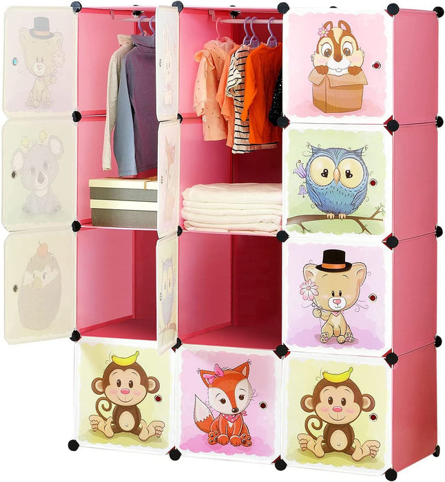 Erweiterbares Kinderregal Kinder Kleiderschrank Stufenregal Bücherregal mit Türen & 2 Aufhängern, Tiefere Fächer als Normal (45 cm vs. 35 cm) 