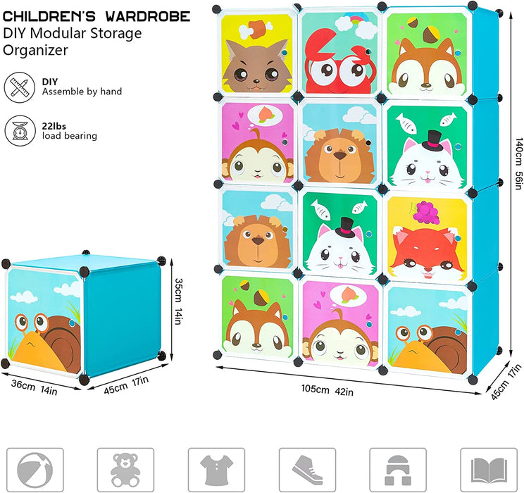 Erweiterbares Kinderregal Kinder Kleiderschrank Stufenregal Bücherregal mit Türen & 2 Aufhängern, tiefere Fächer als normal (45 cm vs. 35 cm)