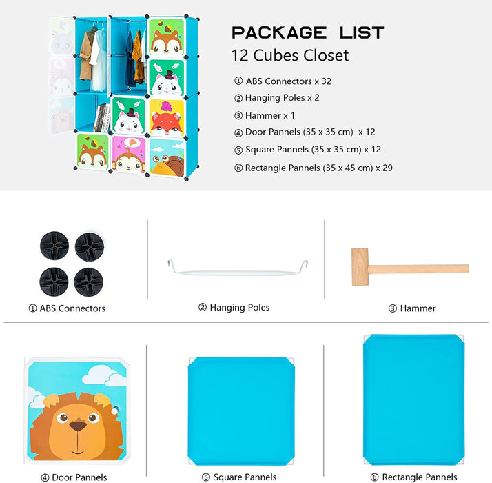 Erweiterbares Kinderregal Kinder Kleiderschrank Stufenregal Bücherregal mit Türen & 2 Aufhängern, tiefere Fächer als normal (45 cm vs. 35 cm)