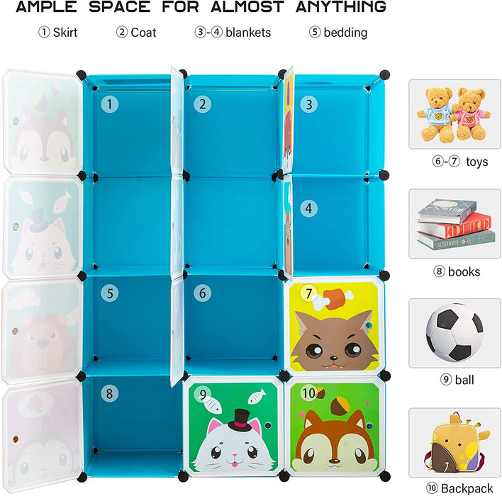 Erweiterbares Kinderregal Kinder Kleiderschrank Stufenregal Bücherregal mit Türen & 2 Aufhängern, tiefere Fächer als normal (45 cm vs. 35 cm)