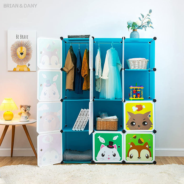 Erweiterbares Kinderregal Kinder Kleiderschrank Stufenregal Bücherregal mit Türen & 2 Aufhängern, tiefere Fächer als normal (45 cm vs. 35 cm)
