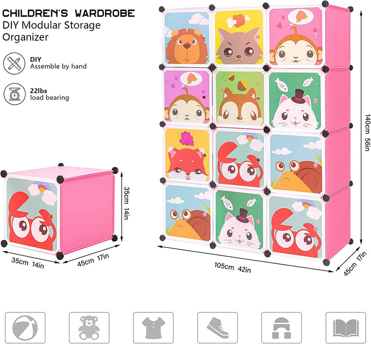 Erweiterbares Kinderregal Kinder Kleiderschrank Stufenregal Bücherregal mit Türen & 2 Aufhängern, tiefere Fächer als normal (45 cm vs. 35 cm)