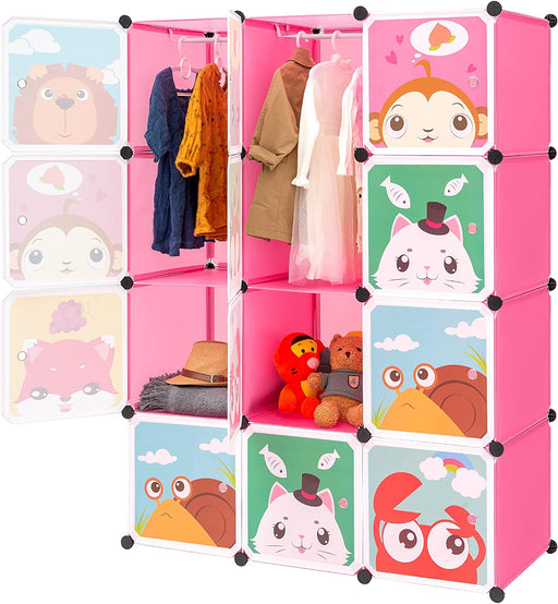 Erweiterbares Kinderregal Kinder Kleiderschrank Stufenregal Bücherregal mit Türen & 2 Aufhängern, tiefere Fächer als normal (45 cm vs. 35 cm)