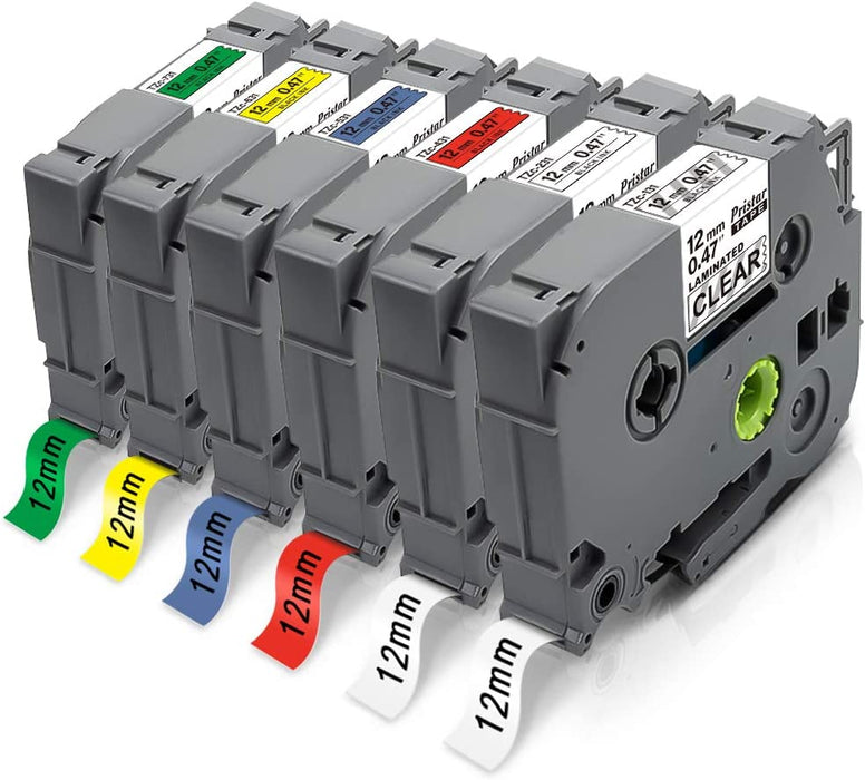 Etikettenband, 12 mm, kompatibel mit Brother TZe-131 TZe-231 TZe-431 TZe-531 TZe-631 TZe-731 schwarz auf klar/weiß/rot/blau/gelb/grün, 6 Stück 1C H11 0 1000 H105 900