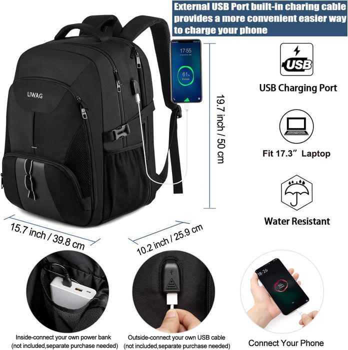 Extra Groß Rucksack Herren 50L Wasserdicht 17 Zoll Laptoptasche Arbeit Laptop Rucksack mit USB Ladeanschluss Anti Diebstahl Business Reisen 