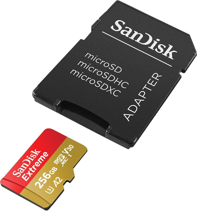 Extreme microSDXC UHS-I Speicherkarte 256 GB + Adapter (Für Smartphones, Actionkameras und Drohnen, A2, C10, V30, U3, 190 MB/s Übertragung, RescuePRO Deluxe)