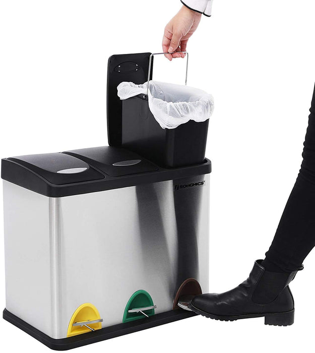 Mülleimer für die Küche, Treteimer aus Metall, 3-in-1 Abfalleimer, 24 Liter, Mülltrennung, Mülltrennsystem, einfach zu reinigen, Stahl, silbern