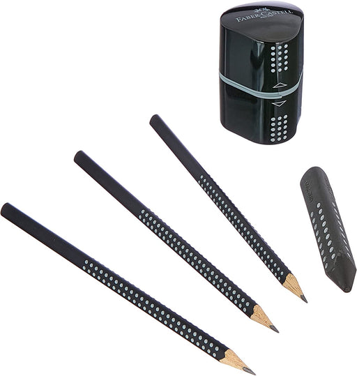 Faber-Castell - Bleistiftset GRIP 2001, mit 3 Bleistiften, 1 Radierer + 1 Spitzdose, schwarz
