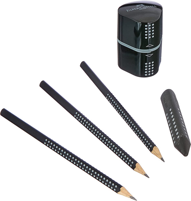 Faber-Castell - Bleistiftset GRIP 2001, mit 3 Bleistiften, 1 Radierer + 1 Spitzdose, schwarz