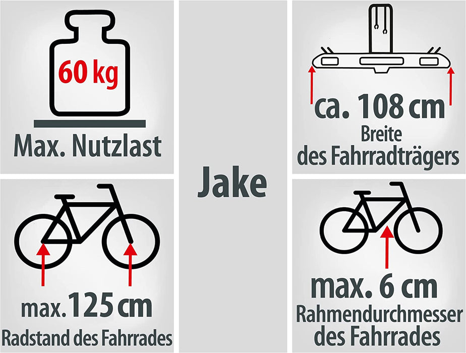 Fahrradträger JAKE, E-Bike geeignet, teilweise vormontiert, erweiterbar, Diebstahlschutz, für 2 Fahrräder, für Anhängerkupplung