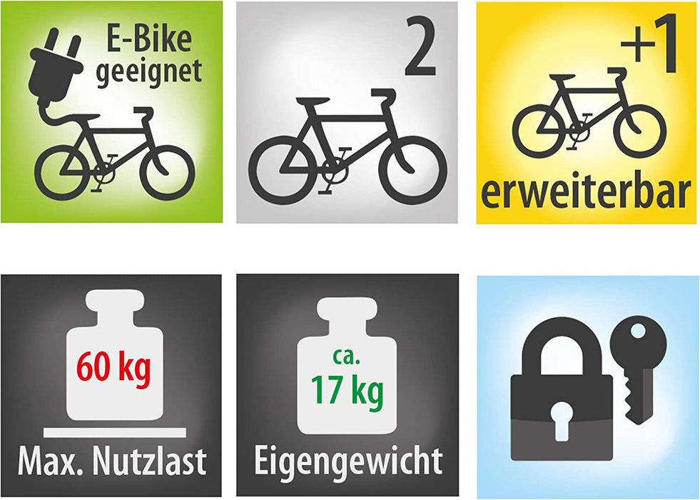 Fahrradträger JAKE, E-Bike geeignet, teilweise vormontiert, erweiterbar, Diebstahlschutz, für 2 Fahrräder, für Anhängerkupplung