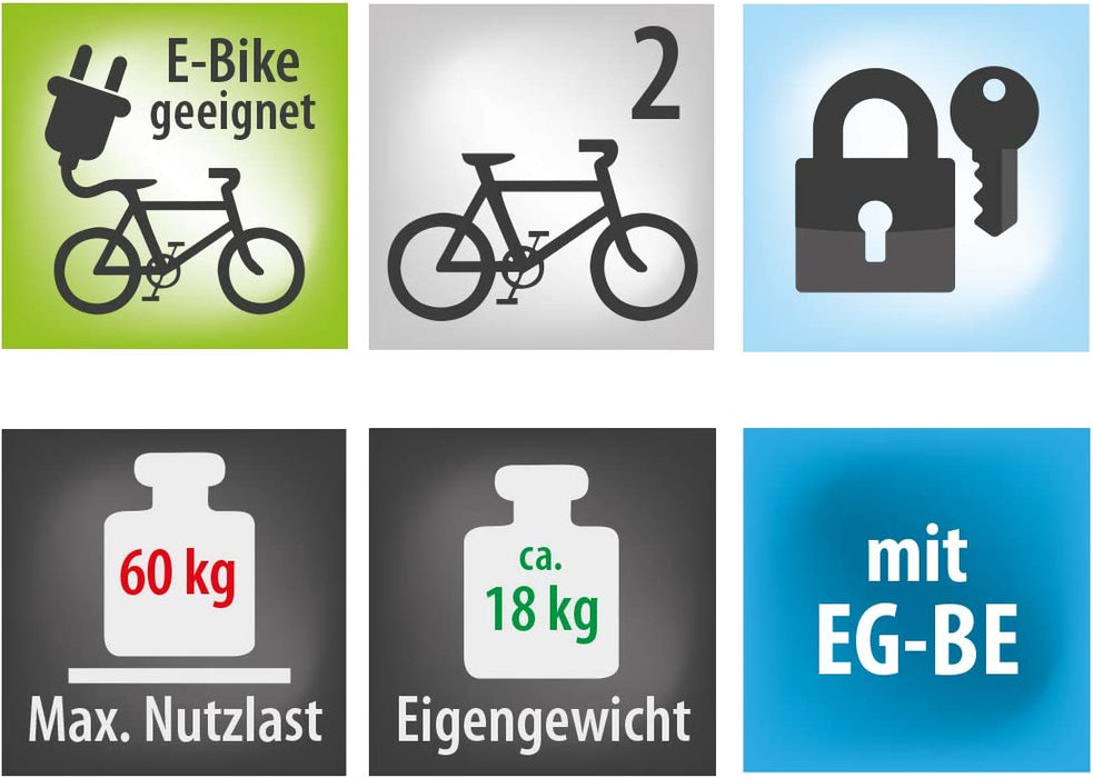 Fahrradträger POKER-F, E-Bike geeignet, komplett vormontiert, Diebstahlschutz, für 2 Fahrräder, für Anhängerkupplung, Schwarz