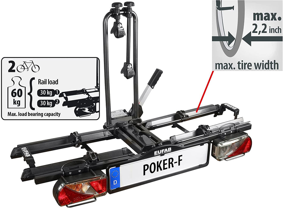 Fahrradträger POKER-F, E-Bike geeignet, komplett vormontiert, Diebstahlschutz, für 2 Fahrräder, für Anhängerkupplung, Schwarz
