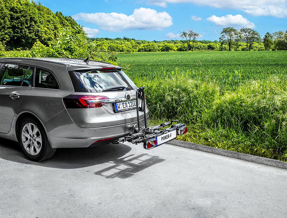 Fahrradträger POKER-F, E-Bike geeignet, komplett vormontiert, Diebstahlschutz, für 2 Fahrräder, für Anhängerkupplung, Schwarz