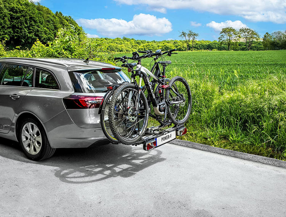 Fahrradträger POKER-F, E-Bike geeignet, komplett vormontiert, Diebstahlschutz, für 2 Fahrräder, für Anhängerkupplung, Schwarz