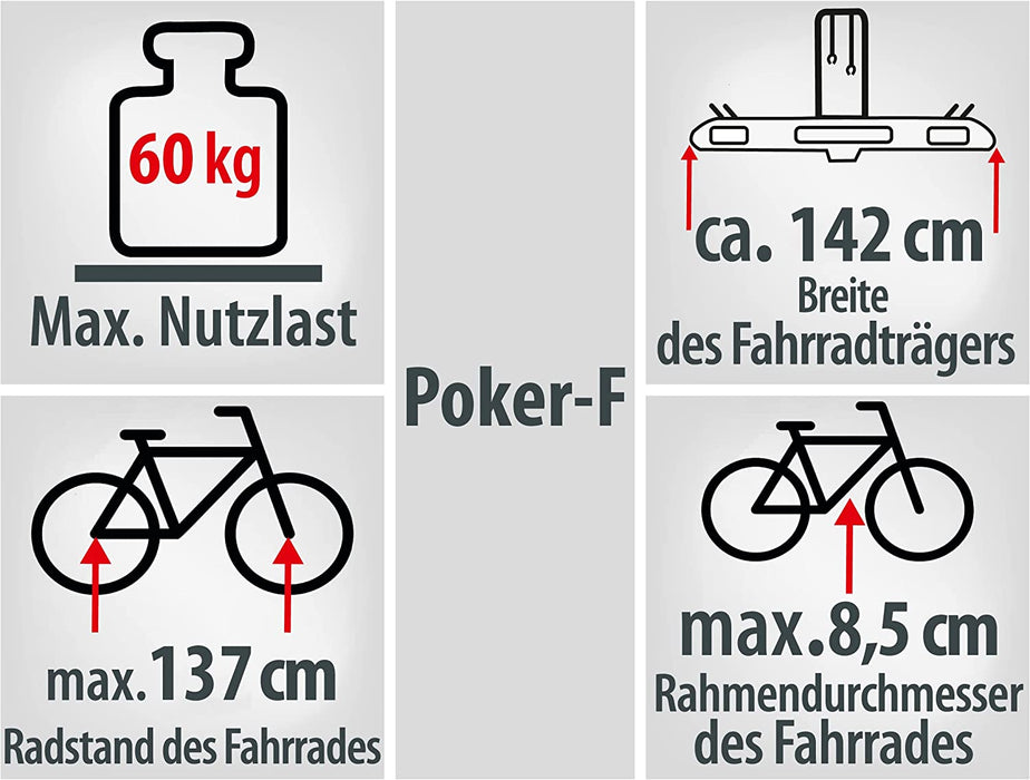 Fahrradträger POKER-F, E-Bike geeignet, komplett vormontiert, Diebstahlschutz, für 2 Fahrräder, für Anhängerkupplung, Schwarz