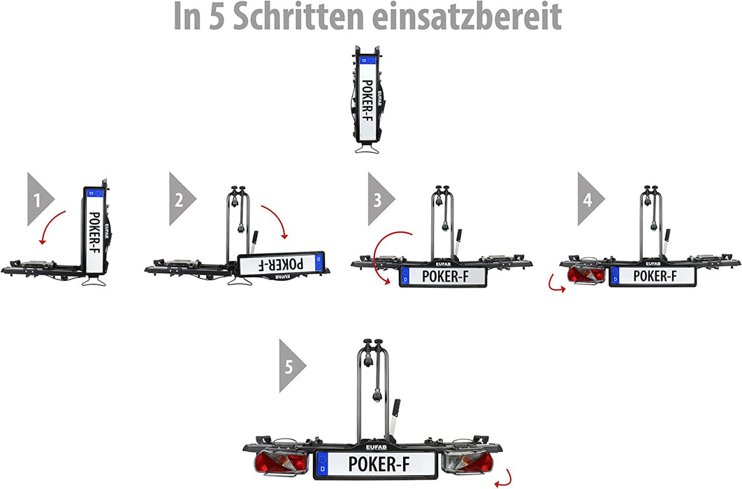 Fahrradträger POKER-F, E-Bike geeignet, komplett vormontiert, Diebstahlschutz, für 2 Fahrräder, für Anhängerkupplung, Schwarz