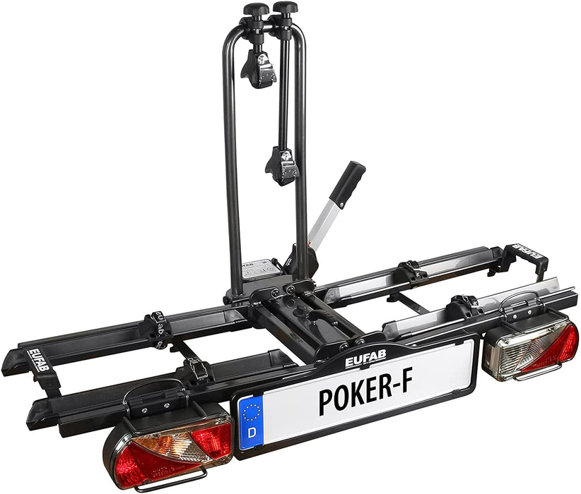 Fahrradträger POKER-F, E-Bike geeignet, komplett vormontiert, Diebstahlschutz, für 2 Fahrräder, für Anhängerkupplung, Schwarz