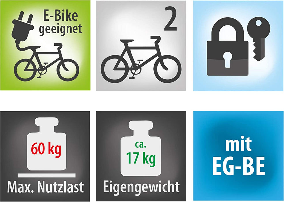 Fahrradträger PREMIUM, E-Bike geeignet, komplett vormontiert, Diebstahlschutz, für 2 Fahrräder, für Anhängerkupplung