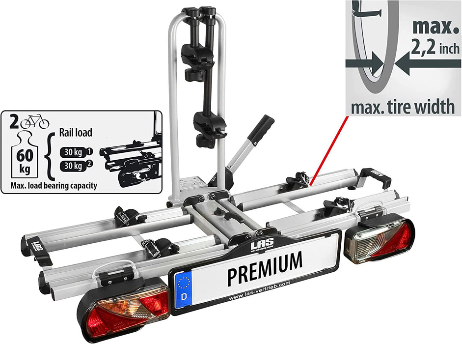 Fahrradträger PREMIUM, E-Bike geeignet, komplett vormontiert, Diebstahlschutz, für 2 Fahrräder, für Anhängerkupplung