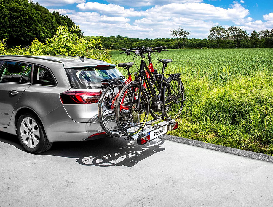 Fahrradträger PREMIUM, E-Bike geeignet, komplett vormontiert, Diebstahlschutz, für 2 Fahrräder, für Anhängerkupplung