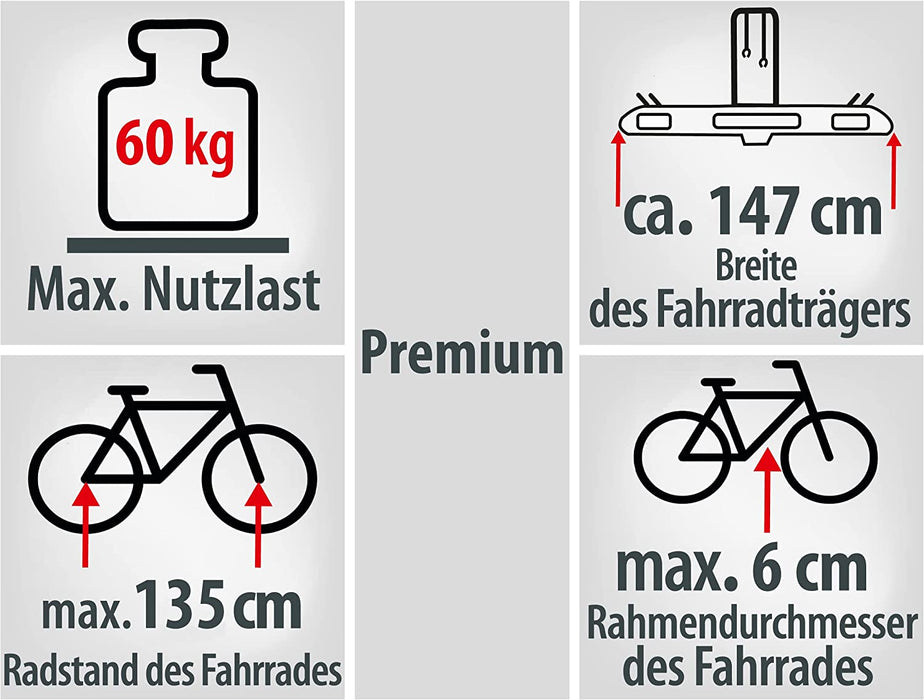 Fahrradträger PREMIUM, E-Bike geeignet, komplett vormontiert, Diebstahlschutz, für 2 Fahrräder, für Anhängerkupplung