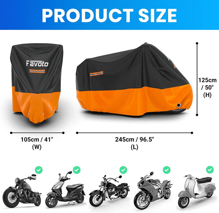 Verbesserte Version Wasserdicht Motorradabdeckung Motorrad Abdeckplane Outdoor Motorradgarage Motorroller Abdeckung Winddicht XXL mit 2 Gürtelschnalle Schwarz-Orange 245cmx105cmx125cm