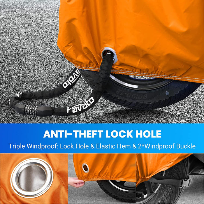 Verbesserte Version Wasserdicht Motorradabdeckung Motorrad Abdeckplane Outdoor Motorradgarage Motorroller Abdeckung Winddicht XXL mit 2 Gürtelschnalle Schwarz-Orange 245cmx105cmx125cm