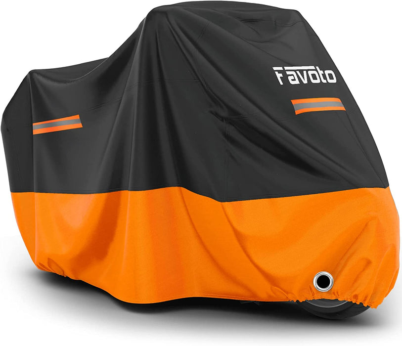 Verbesserte Version Wasserdicht Motorradabdeckung Motorrad Abdeckplane Outdoor Motorradgarage Motorroller Abdeckung Winddicht XXL mit 2 Gürtelschnalle Schwarz-Orange 245cmx105cmx125cm
