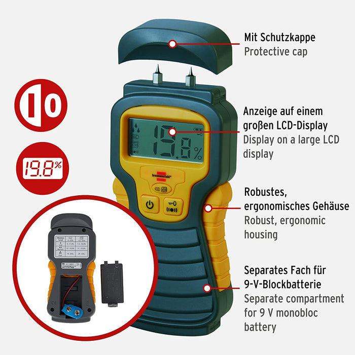 Feuchtigkeits-Detector MD (Feuchtigkeitsmessgerät/Feuchtigkeitsmesser für Holz oder Baustoffen, mit LCD-Display), ohne Batterie