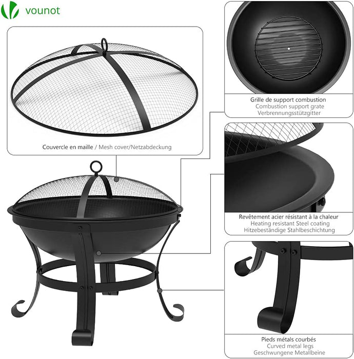 Feuerschale mit Funkenschutz, Feuerkorb Feuerstelle für Heizung, Garten, Camping, Terrasse, Ø 55 cm, Schwarz