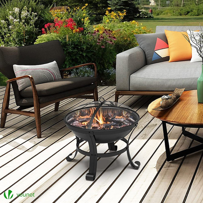 Feuerschale mit Funkenschutz, Feuerkorb Feuerstelle für Heizung, Garten, Camping, Terrasse, Ø 55 cm, Schwarz
