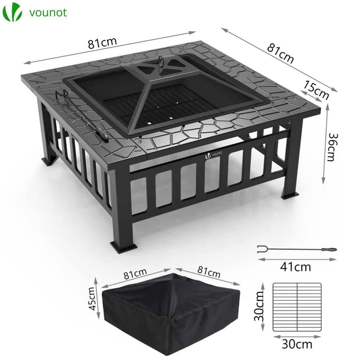 Feuerschale mit Funkenschutz, Feuerstelle Feuerkorb für Garden Terrasse Heizung, mit Wasserfester Schutzhülle, 81x81x45cm