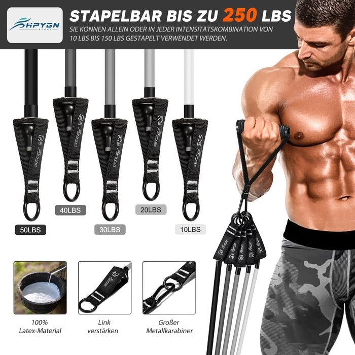 Fitnessbänder Set, 250lbs Resistance Bands 5 Verschiedene Stärken, Widerstandsbänder Set mit Griffen Knöchelriemen und Türanker Tragbarer Rucksack