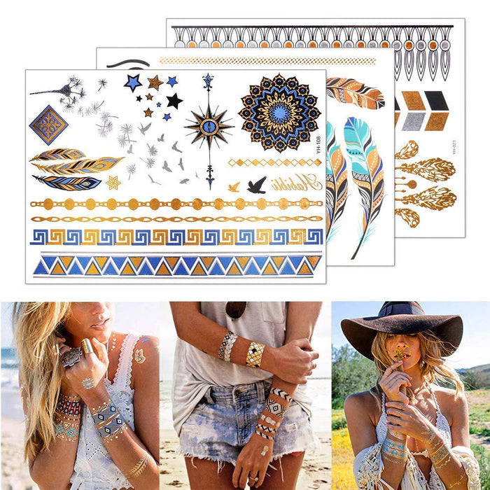 Flash Tattoos, Temporäre Klebe-Tattoos 16 Blätter Metallic Flash tattoos in Gold, Silber & Schwarz Temporäre Tätowierung Wasserdichte