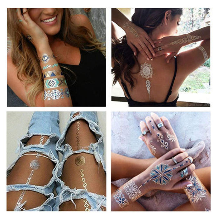 Flash Tattoos, Temporäre Klebe-Tattoos 16 Blätter Metallic Flash tattoos in Gold, Silber & Schwarz Temporäre Tätowierung Wasserdichte